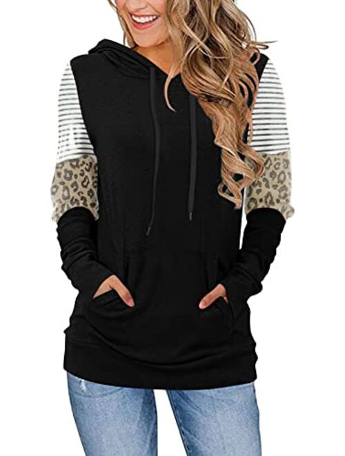 CATHY Women's Casual Drawstring Pullover Tunic Top Long Sleeve Color Block Hoodie Sweatshirts With Pocket