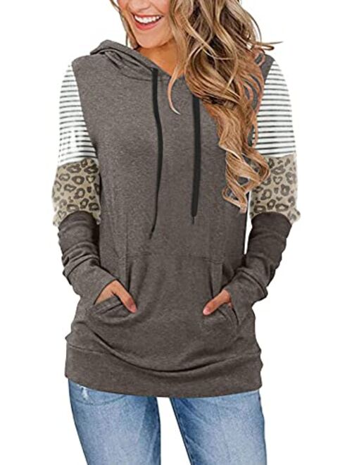 CATHY Women's Casual Drawstring Pullover Tunic Top Long Sleeve Color Block Hoodie Sweatshirts With Pocket