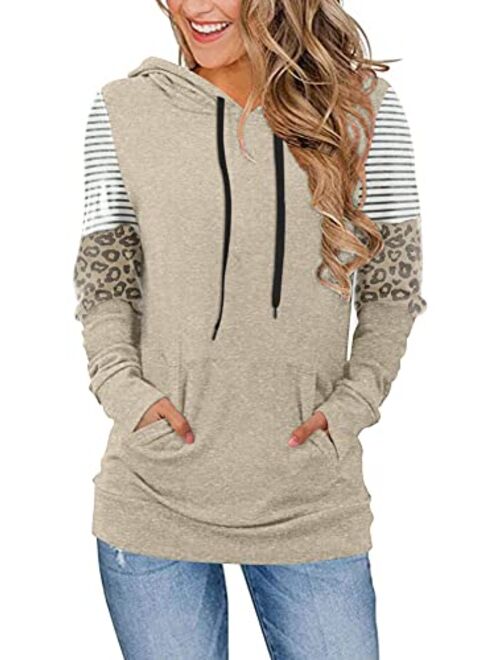 CATHY Women's Casual Drawstring Pullover Tunic Top Long Sleeve Color Block Hoodie Sweatshirts With Pocket