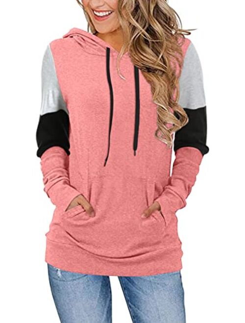 CATHY Women's Casual Drawstring Pullover Tunic Top Long Sleeve Color Block Hoodie Sweatshirts With Pocket