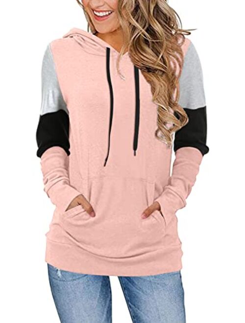 CATHY Women's Casual Drawstring Pullover Tunic Top Long Sleeve Color Block Hoodie Sweatshirts With Pocket