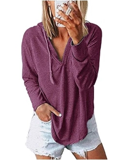 NEKOSI Womens Long Sleeve V Neck Hoodie Sweatshirts Lightweight Pullover Tops