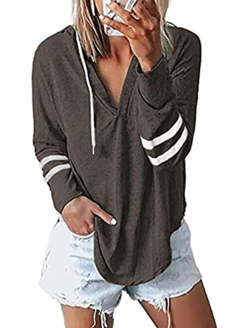 NEKOSI Womens Long Sleeve V Neck Hoodie Sweatshirts Lightweight Pullover Tops