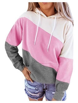 Minclouse Women's Long sleeves Color Block Hoodie Tops Cute Casual Drawstring Loose Lightweight Tunic Pullover