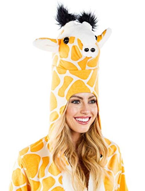 Tipsy Elves Funny Animal Halloween Giraffe Costume Jumpsuit with Stuffed Animal Style Hood for Women