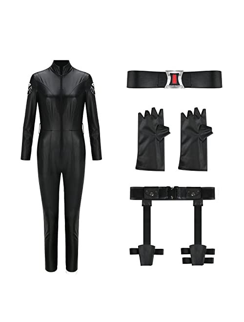 NIHONCOS Womens Black Jumpsuit Costume Bodysuit Uniform Belt Gloves Full Set Halloween Cosplay Party Suit