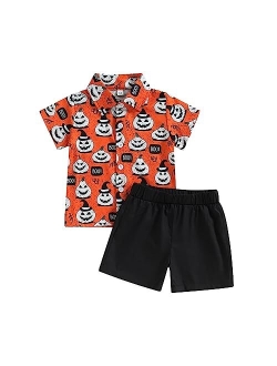 Amnnchya Toddler Baby Boy Halloween Outfit Pumpkin Head Short Sleeve Shirt Halloween Clothing Summer Orange Shorts Set