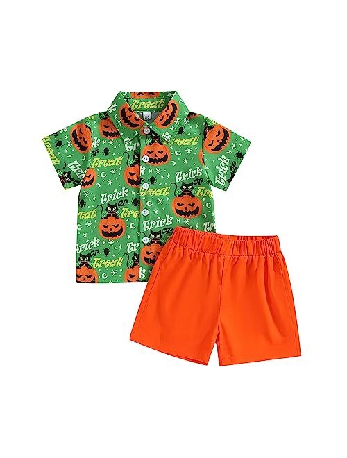 Amnnchya Toddler Baby Boy Halloween Outfit Pumpkin Head Short Sleeve Shirt Halloween Clothing Summer Orange Shorts Set