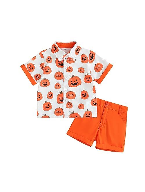 Amnnchya Toddler Baby Boy Halloween Outfit Pumpkin Head Short Sleeve Shirt Halloween Clothing Summer Orange Shorts Set