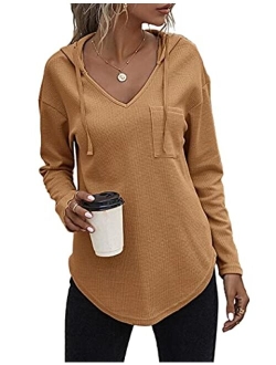 morhuduck Women's V Neck Hoodies Long Sleeve Sweatshirt Drawstring Pullover Tops with Pocket