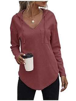 morhuduck Women's V Neck Hoodies Long Sleeve Sweatshirt Drawstring Pullover Tops with Pocket