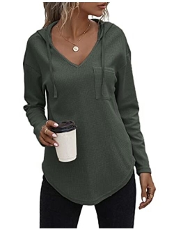 morhuduck Women's V Neck Hoodies Long Sleeve Sweatshirt Drawstring Pullover Tops with Pocket