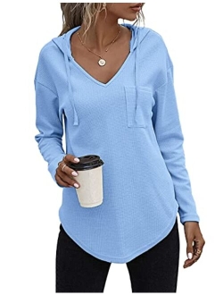 morhuduck Women's V Neck Hoodies Long Sleeve Sweatshirt Drawstring Pullover Tops with Pocket