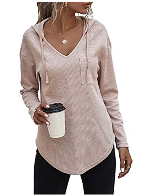 morhuduck Women's V Neck Hoodies Long Sleeve Sweatshirt Drawstring Pullover Tops with Pocket