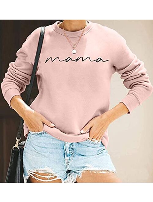 Astanfy Womens Crewneck Sweatshirt Mama Letter Print Long Sleeve Loose Fashion Pullover Top