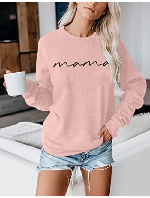 Astanfy Womens Crewneck Sweatshirt Mama Letter Print Long Sleeve Loose Fashion Pullover Top