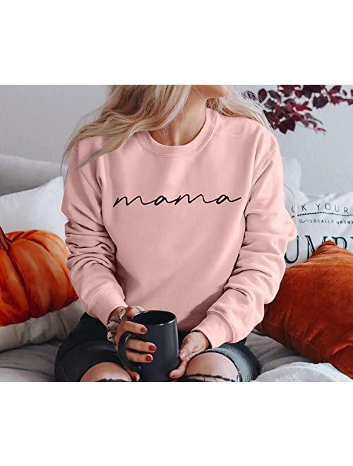 Astanfy Womens Crewneck Sweatshirt Mama Letter Print Long Sleeve Loose Fashion Pullover Top