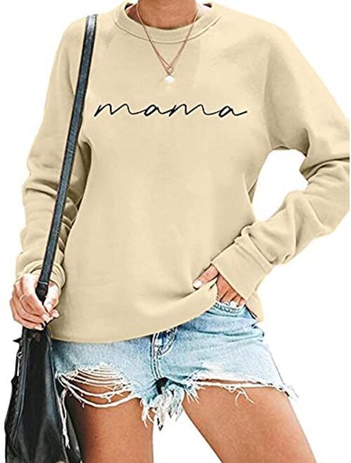 Astanfy Womens Crewneck Sweatshirt Mama Letter Print Long Sleeve Loose Fashion Pullover Top