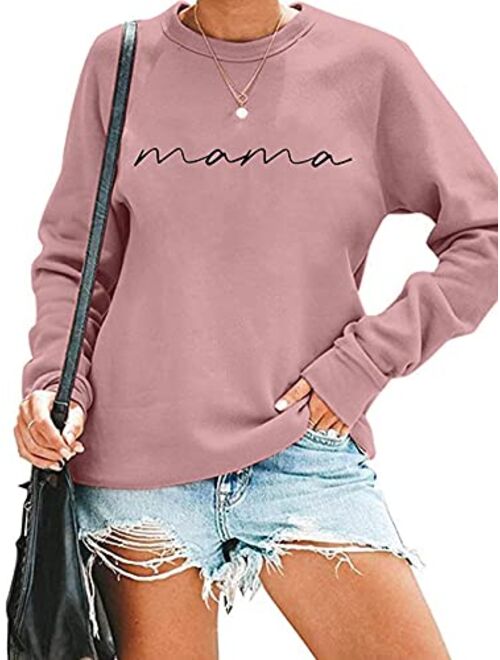 Astanfy Womens Crewneck Sweatshirt Mama Letter Print Long Sleeve Loose Fashion Pullover Top