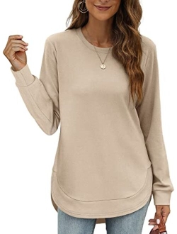 OFEEFAN Womens Sweatshirt Crewneck Long Sleeve Shirts for Women High Low Tops Curved Hem