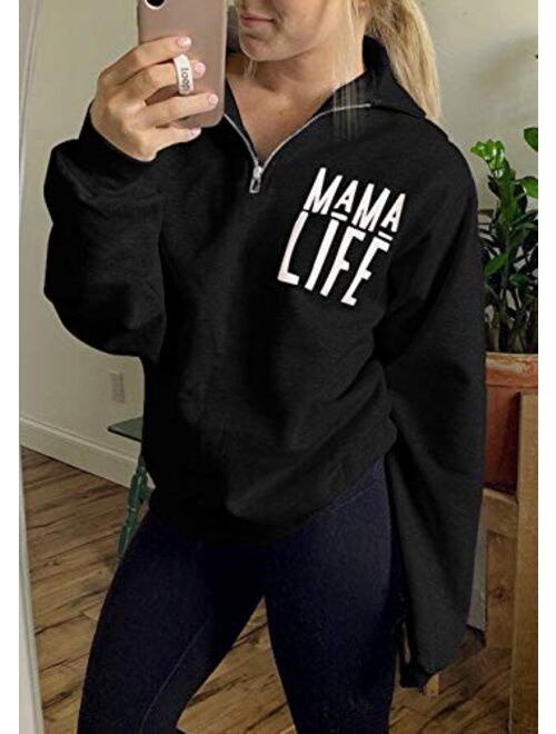 GOWONE Women's Mama Life Sweatshirt Long Sleeve 1/4 Zipper Pullover Sweater High Collar Tunic Tops Outwear Coat