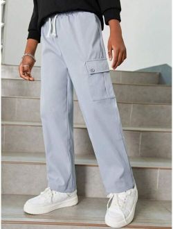 SHEIN Kids Cooltwn Tween Boy Flap Pocket Side Drawstring Waist Cargo Pants