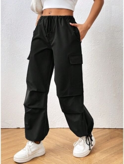 SHEIN PETITE Drawstring Waist Flap Pocket Side Parachute Cargo Pants