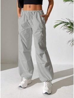 SHEIN PETITE Drawstring Waist Flap Pocket Side Parachute Cargo Pants