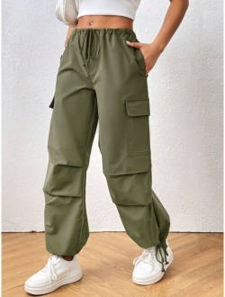 SHEIN PETITE Drawstring Waist Flap Pocket Side Parachute Cargo Pants