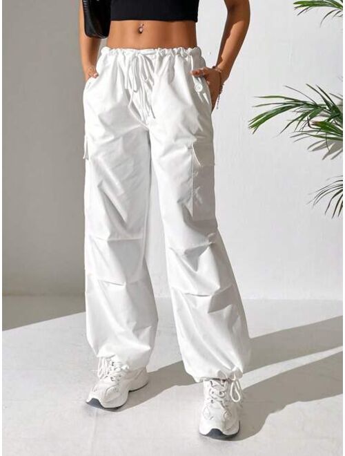 SHEIN PETITE Drawstring Waist Flap Pocket Side Parachute Cargo Pants