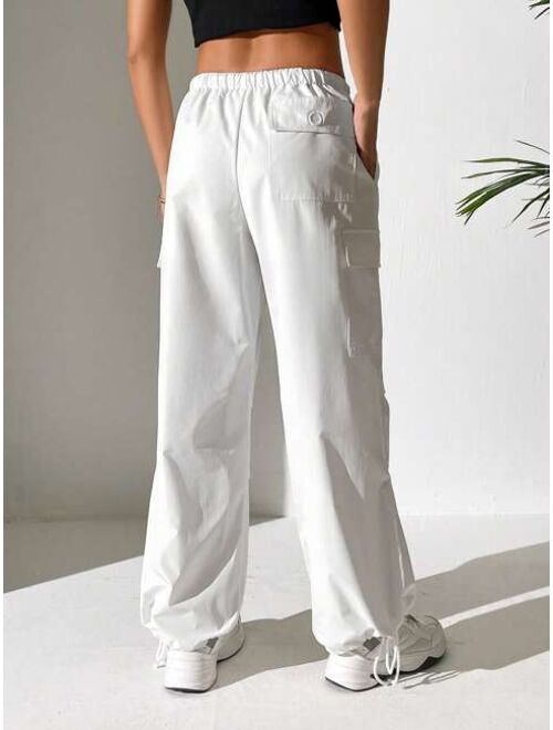 SHEIN PETITE Drawstring Waist Flap Pocket Side Parachute Cargo Pants