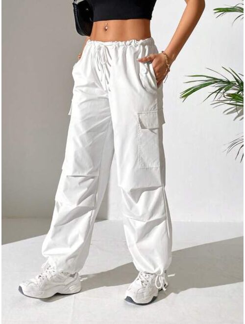 SHEIN PETITE Drawstring Waist Flap Pocket Side Parachute Cargo Pants