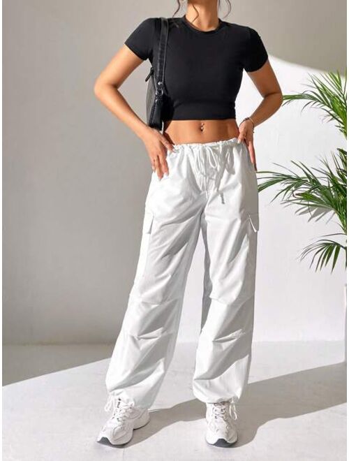 SHEIN PETITE Drawstring Waist Flap Pocket Side Parachute Cargo Pants