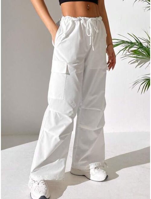 SHEIN PETITE Drawstring Waist Flap Pocket Side Parachute Cargo Pants