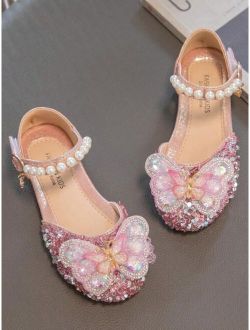 Girls Butterfly & Faux Pearl Decor Ankle Strap Party Flats For Outdoor