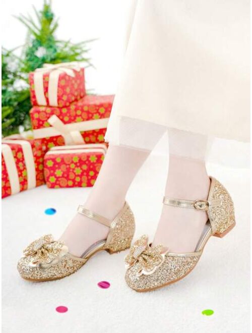 Shein Girls Bow & Rhinestone Decor Ankle Strap Heeled Sandals For Party