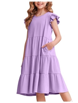 Girl's Summer Dresses Ruffle Sleeve Tiered Swing Midi Casual Sundress with Pockets