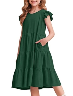 Girl's Summer Dresses Ruffle Sleeve Tiered Swing Midi Casual Sundress with Pockets