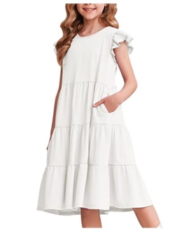 Girl's Summer Dresses Ruffle Sleeve Tiered Swing Midi Casual Sundress with Pockets