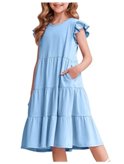 Girl's Summer Dresses Ruffle Sleeve Tiered Swing Midi Casual Sundress with Pockets