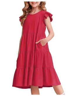 Girl's Summer Dresses Ruffle Sleeve Tiered Swing Midi Casual Sundress with Pockets