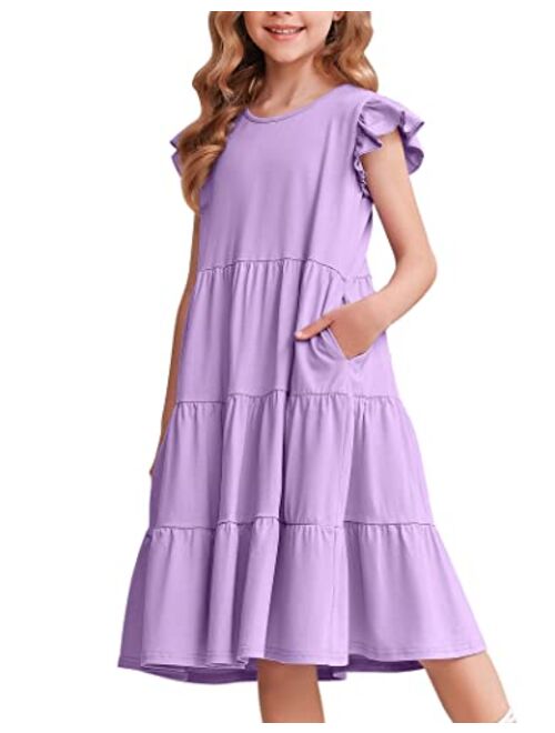 Arshiner Girl's Summer Dresses Ruffle Sleeve Tiered Swing Midi Casual Sundress with Pockets