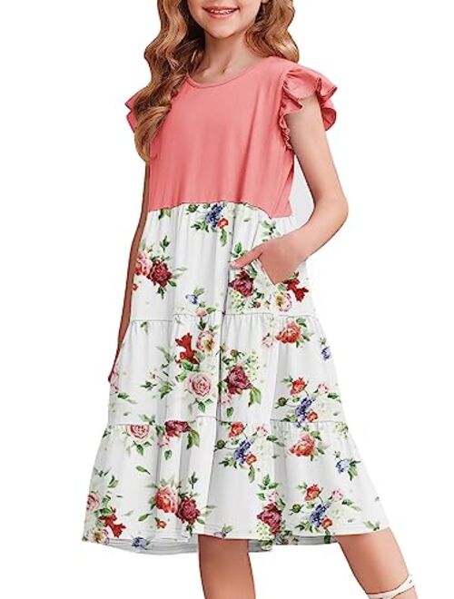 Arshiner Girl's Summer Dresses Ruffle Sleeve Tiered Swing Midi Casual Sundress with Pockets