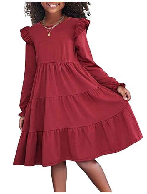 Arshiner Girl's Summer Dresses Ruffle Sleeve Tiered Swing Midi Casual Sundress with Pockets