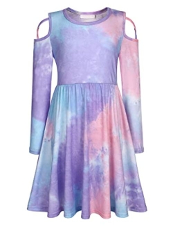 Greatchy Girls Dress Tie Dye Cold Shoulder Long Sleeve School Casual Cute A-Line Swing Skater Dresses