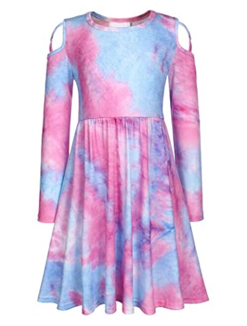 Greatchy Girls Dress Tie Dye Cold Shoulder Long Sleeve School Casual Cute A-Line Swing Skater Dresses