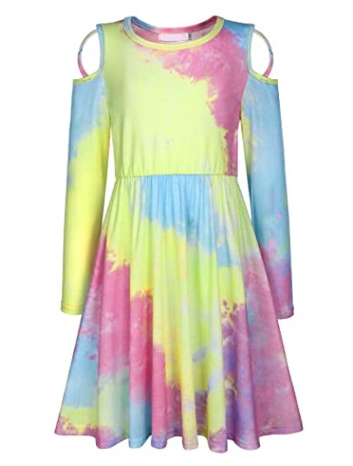 Greatchy Girls Dress Tie Dye Cold Shoulder Long Sleeve School Casual Cute A-Line Swing Skater Dresses