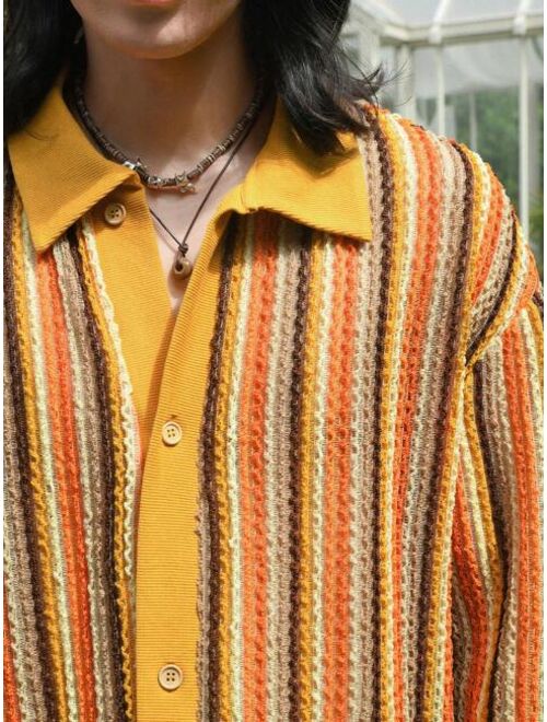 DAZY Men Striped Pattern Drop Shoulder Button Front Cardigan