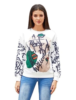 Women's Figure Graphic Print Sweatshirt Round Neck Long Sleeve Contrast Color Graffiti Pullovers