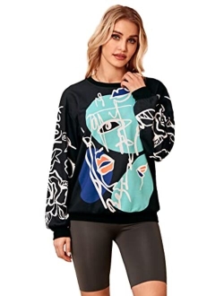 Women's Figure Graphic Print Sweatshirt Round Neck Long Sleeve Contrast Color Graffiti Pullovers